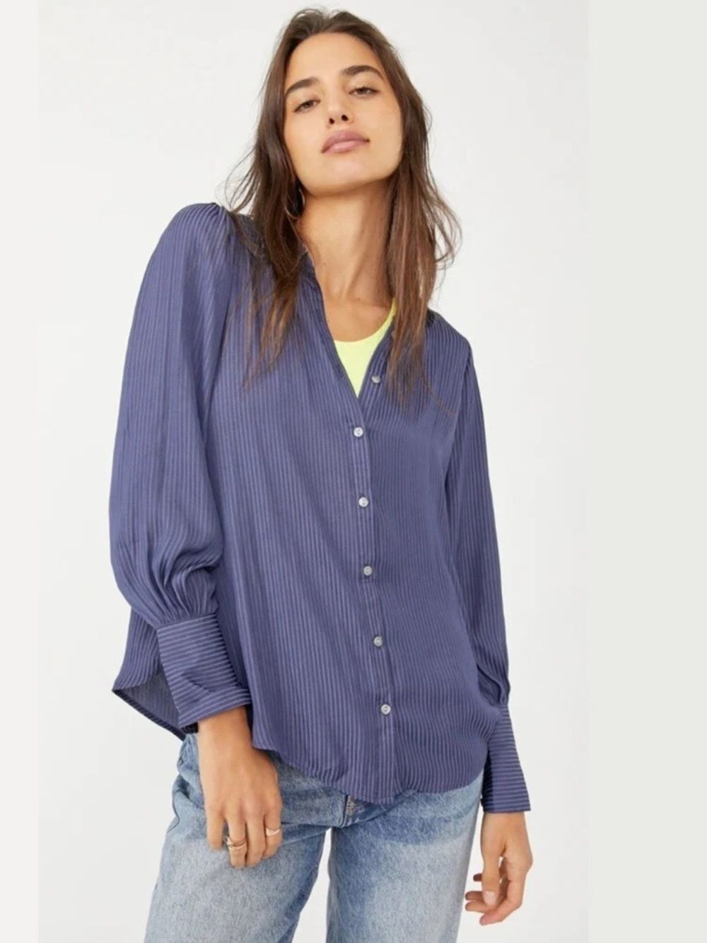 Free People Serena Silky Button Front Shirt Quarry | Blue | Large